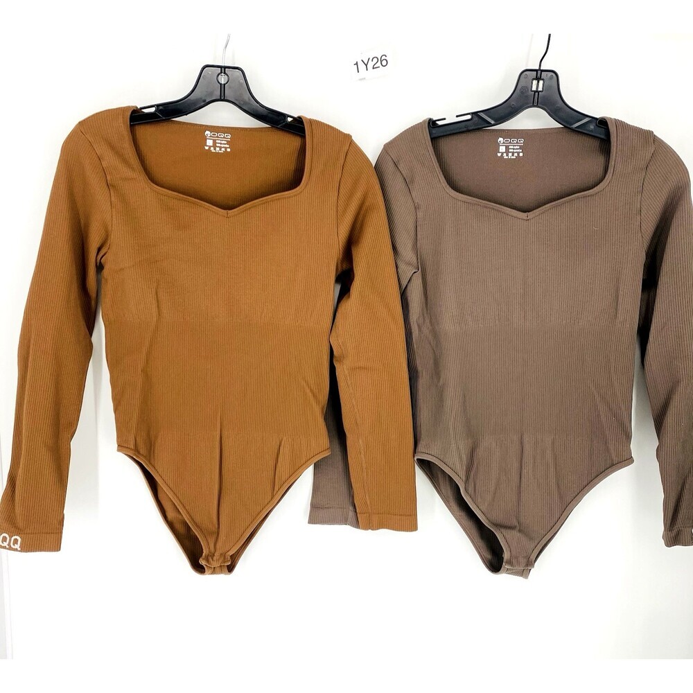 Lot of 2 OQQ Waist Snatching Ribbed Bodysuits Large Brown Long Sleeve V Neck